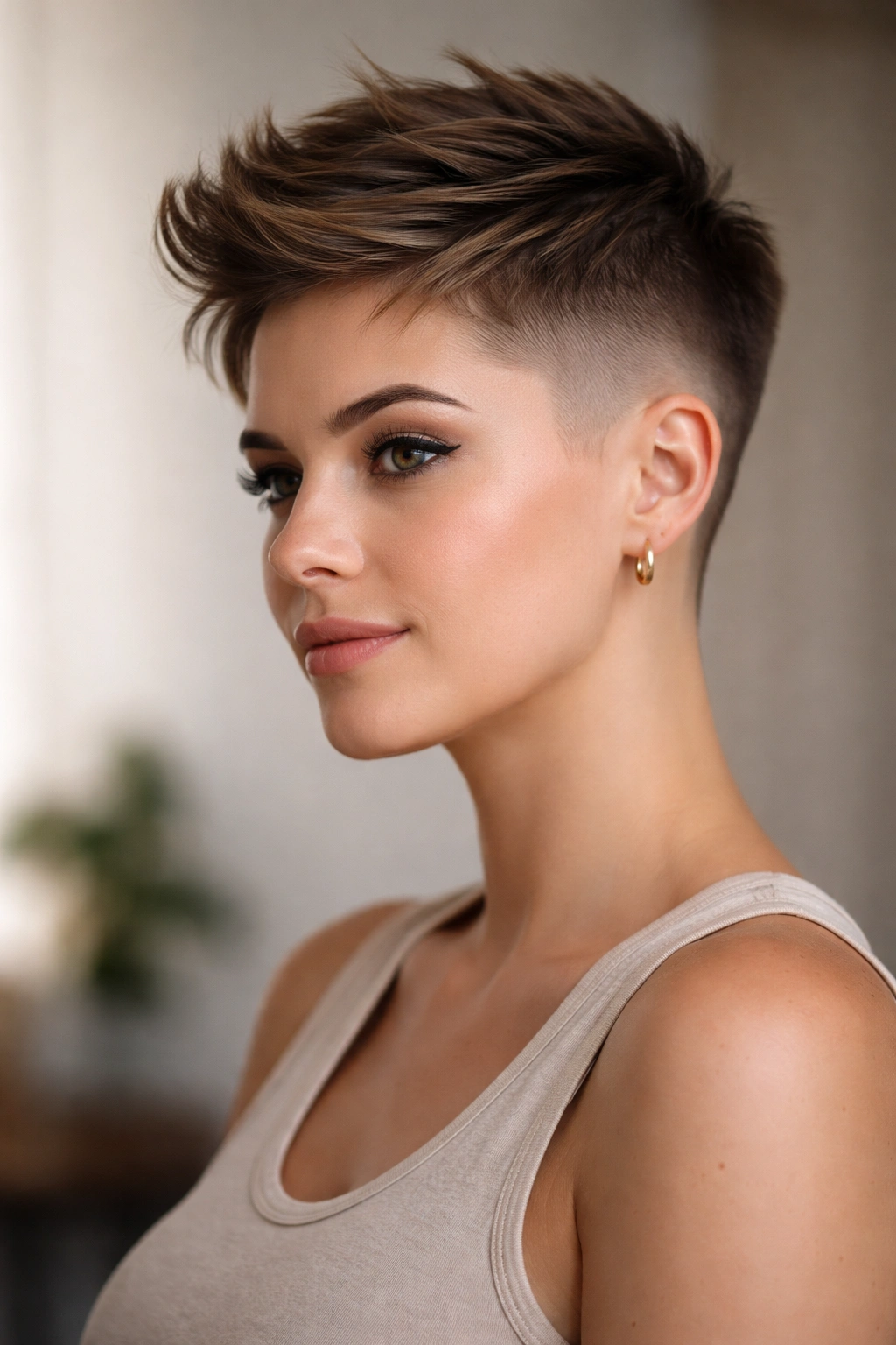Portrait of a person with a faded pixie showing sharp contrast between short sides and long top