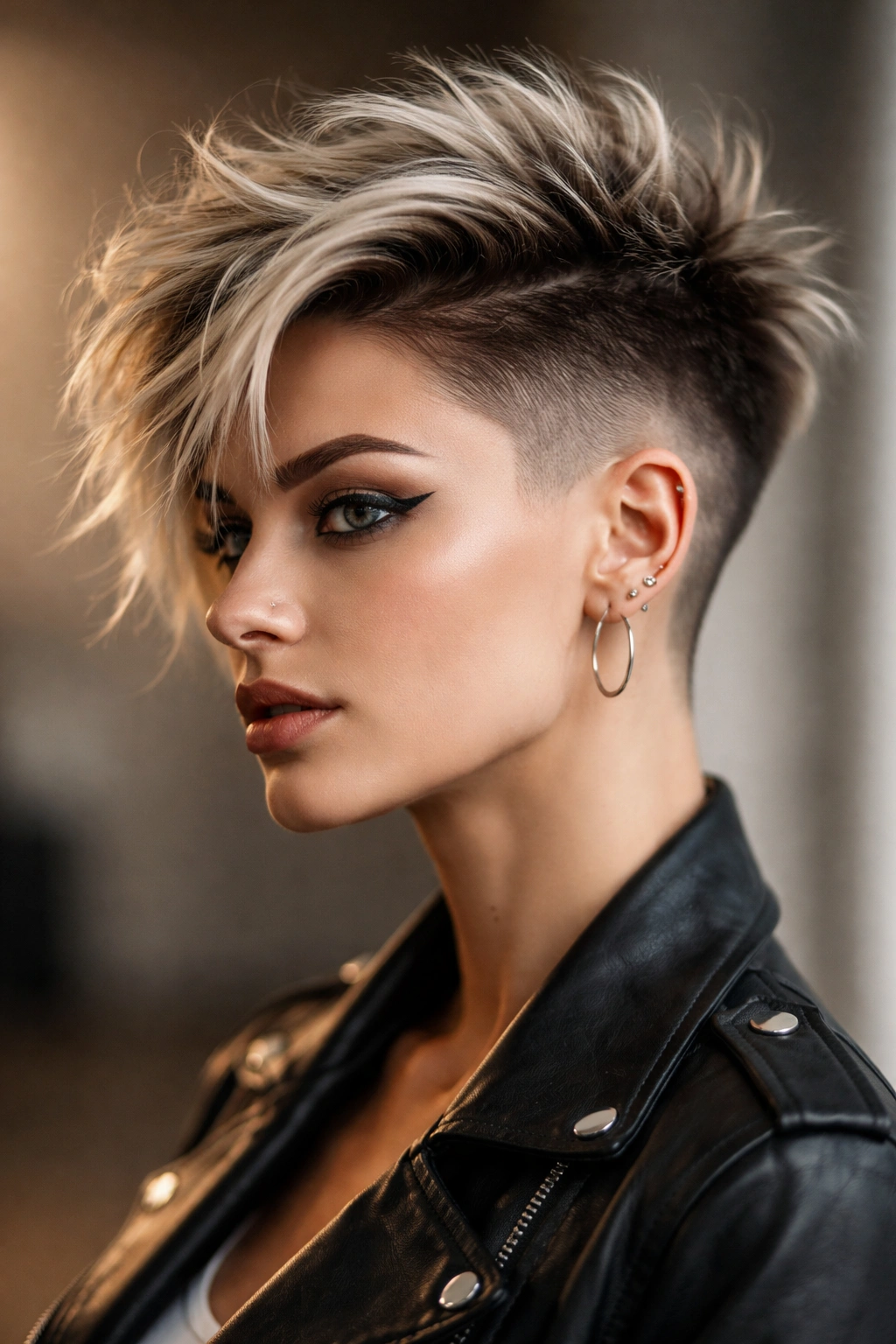 Portrait of faded disconnected sides with a voluminous top in a bold, disconnected cut