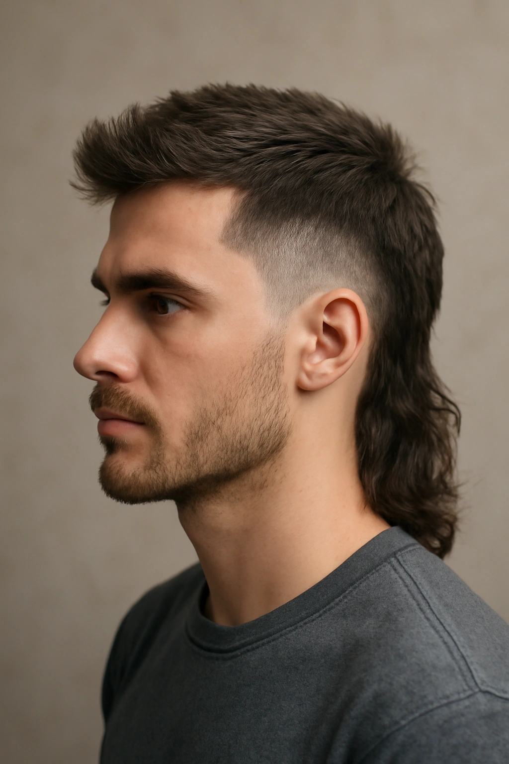 Profile view of a person with a faded temple mullet, showing a tight temple fade and long back