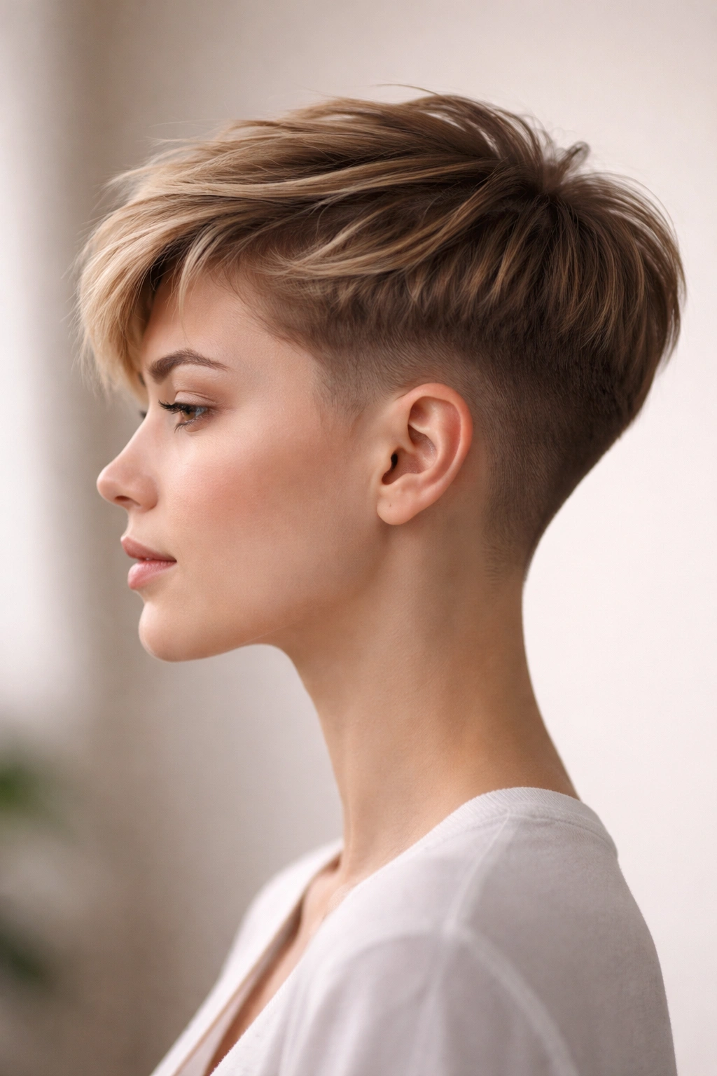 Side profile of a faded undercut pixie with a smooth gradient