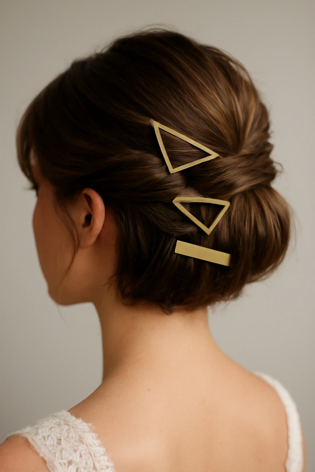 Faux bob updo with geometric clips on a bridal head