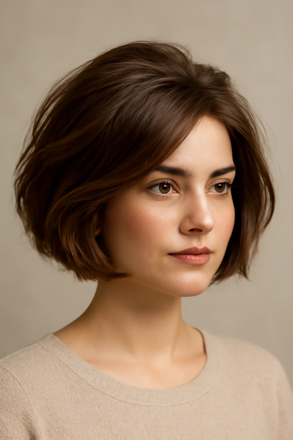 Close-up of faux bob hairstyle with volume at the crown on shoulder-length hair.