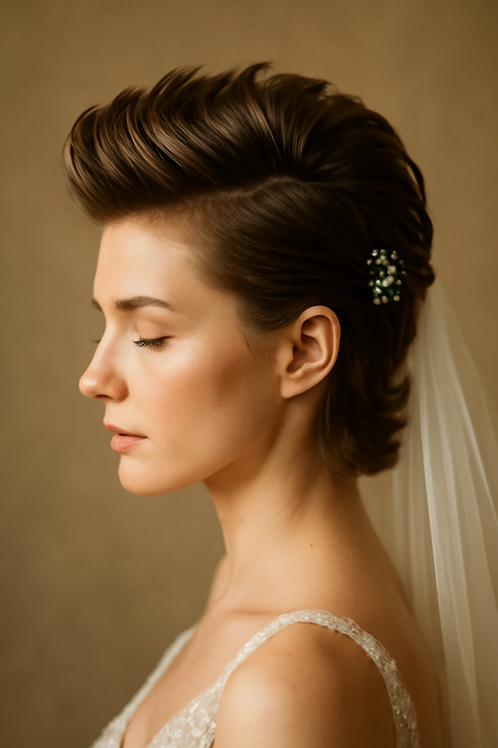 Close-up of a short bridal faux hawk with crown volume and soft draping.