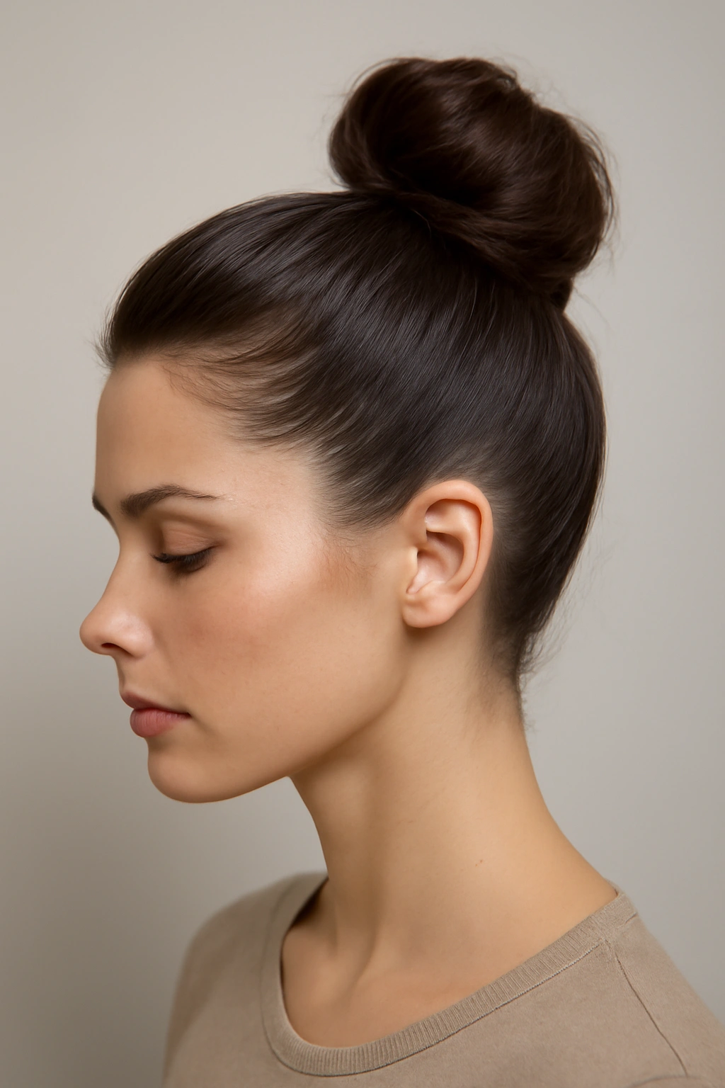 Profile view of a high center bun with smooth sides forming a faux hawk