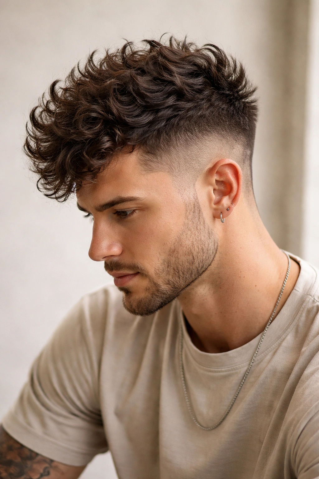 Portrait of a faux hawk crop with a textured crown and shorter sides.