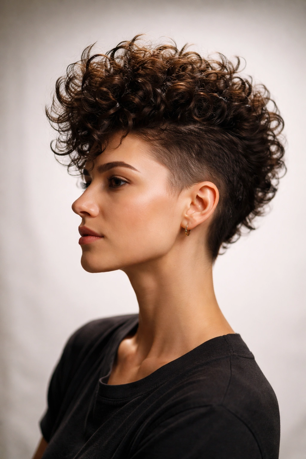 The Faux Hawk with Curls showing a dramatic curved center peak and tapered sides.
