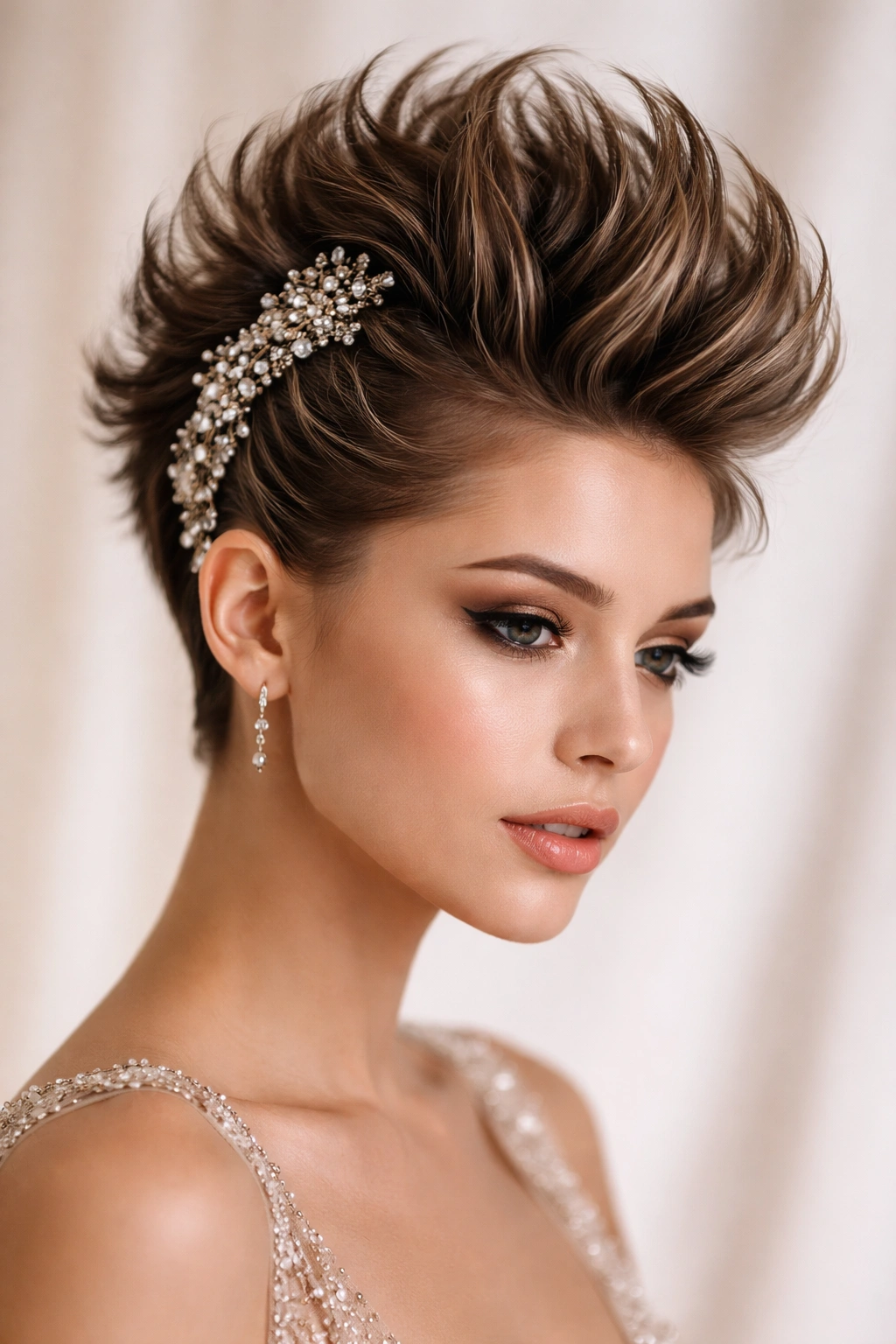 Faux hawk on short hair with decorative metallic clips