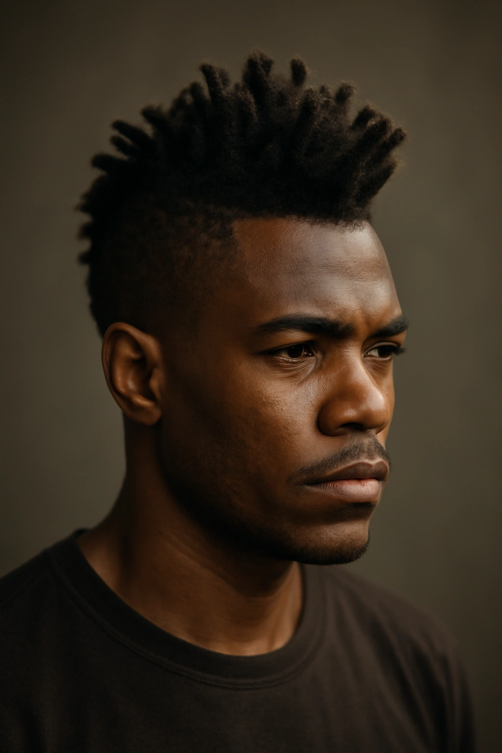 Center-drawn faux hawk with short dreads forming a vertical ridge on top.