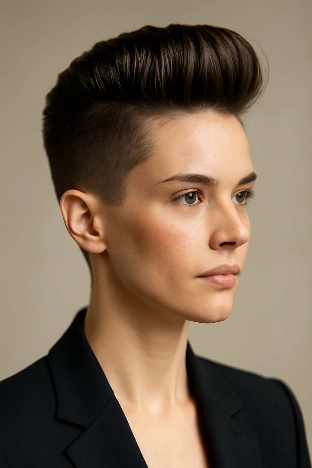 Close-up portrait showing elevated faux hawk with sculpted top and tapered sides