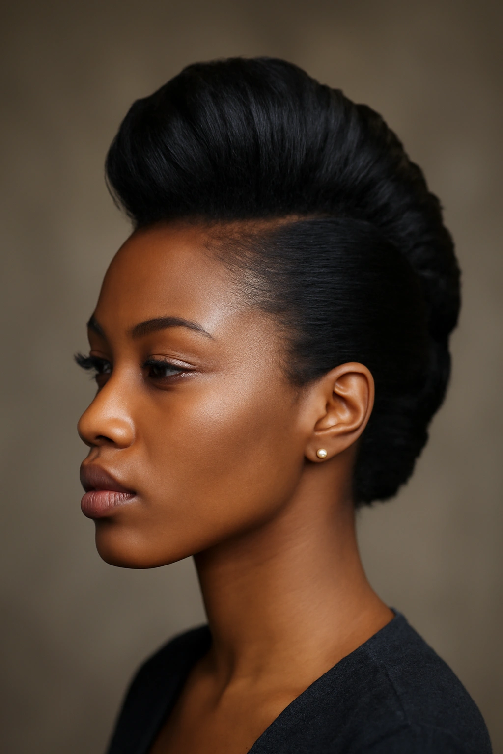 Bold faux hawk French roll with a high center column and smooth sides