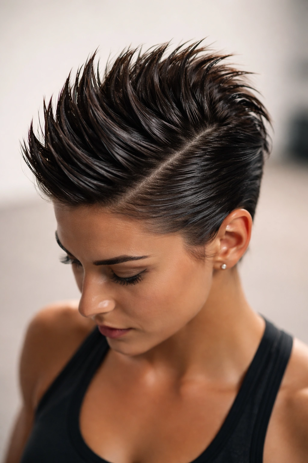 Gel-defined faux hawk centered on top of head