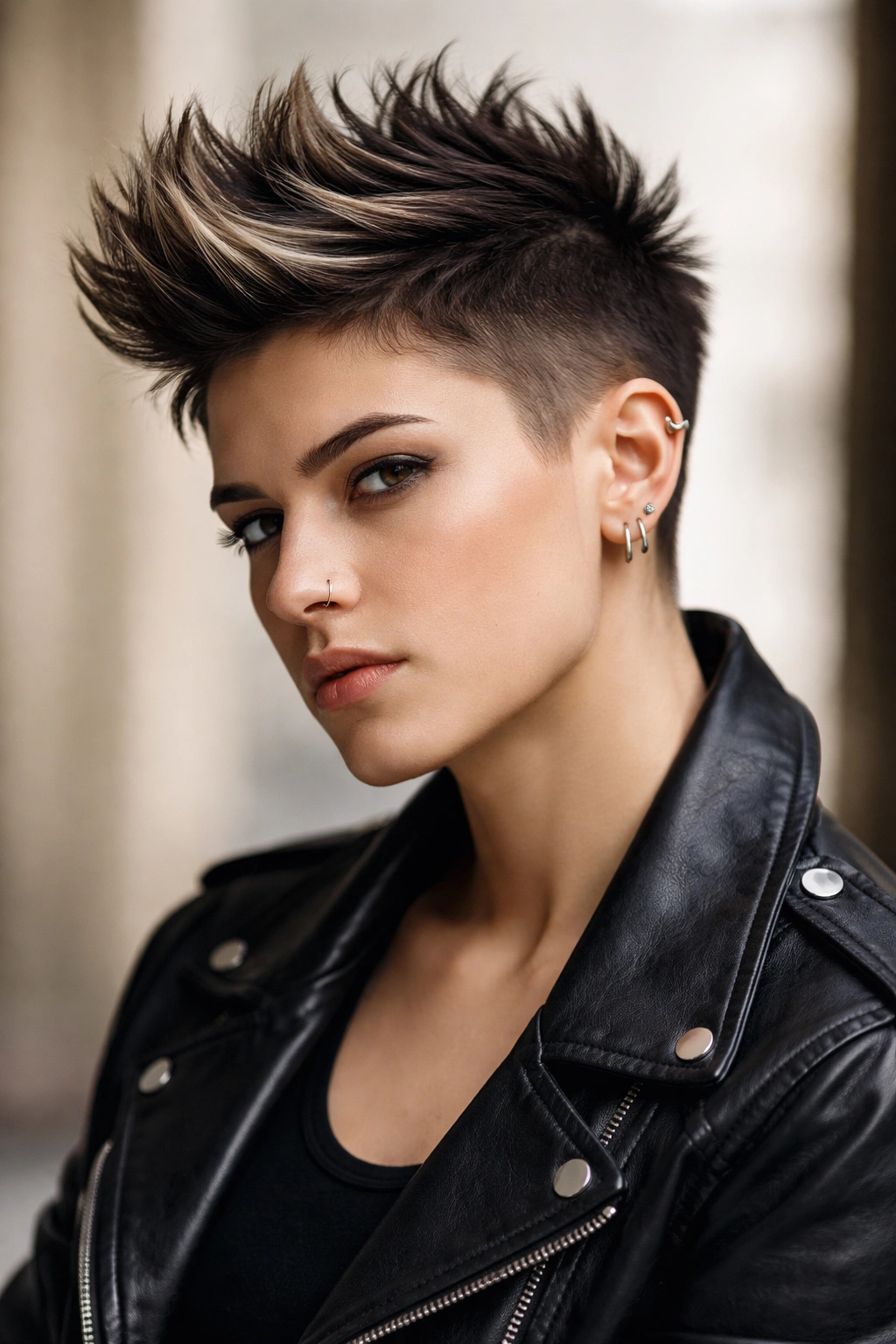 Portrait of a person with a faux hawk, center strip of longer hair.
