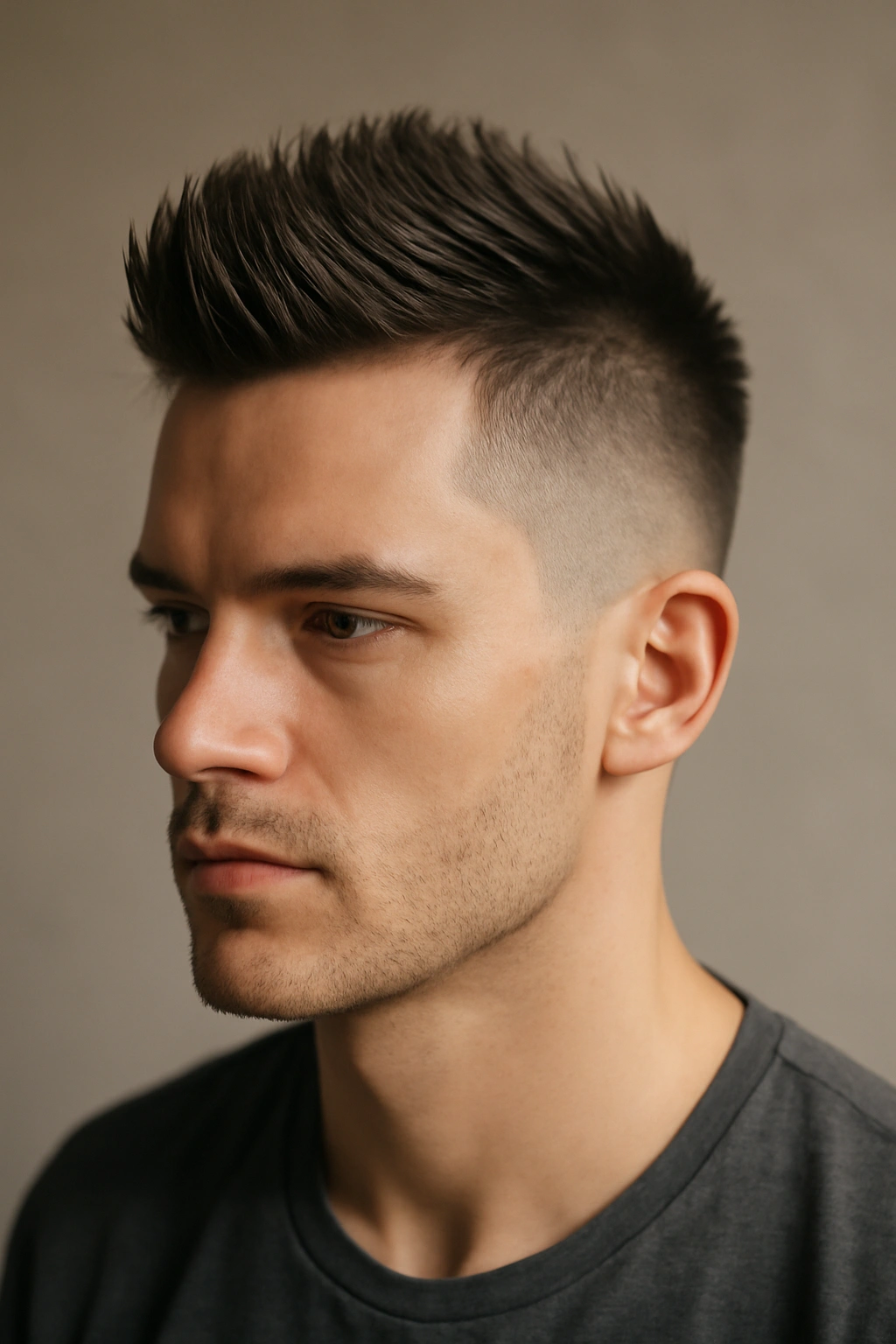 Portrait of a man with a faux hawk: center strip of longer hair and short faded sides.
