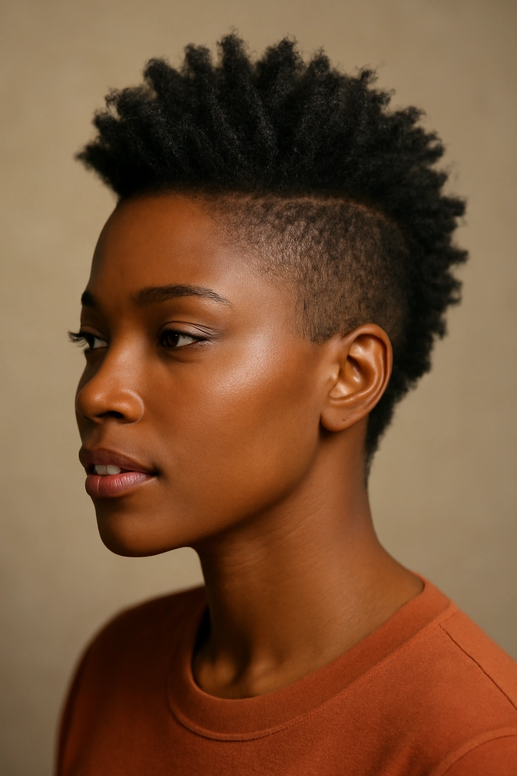 Three-quarter view of The Faux Hawk with center elevated hair