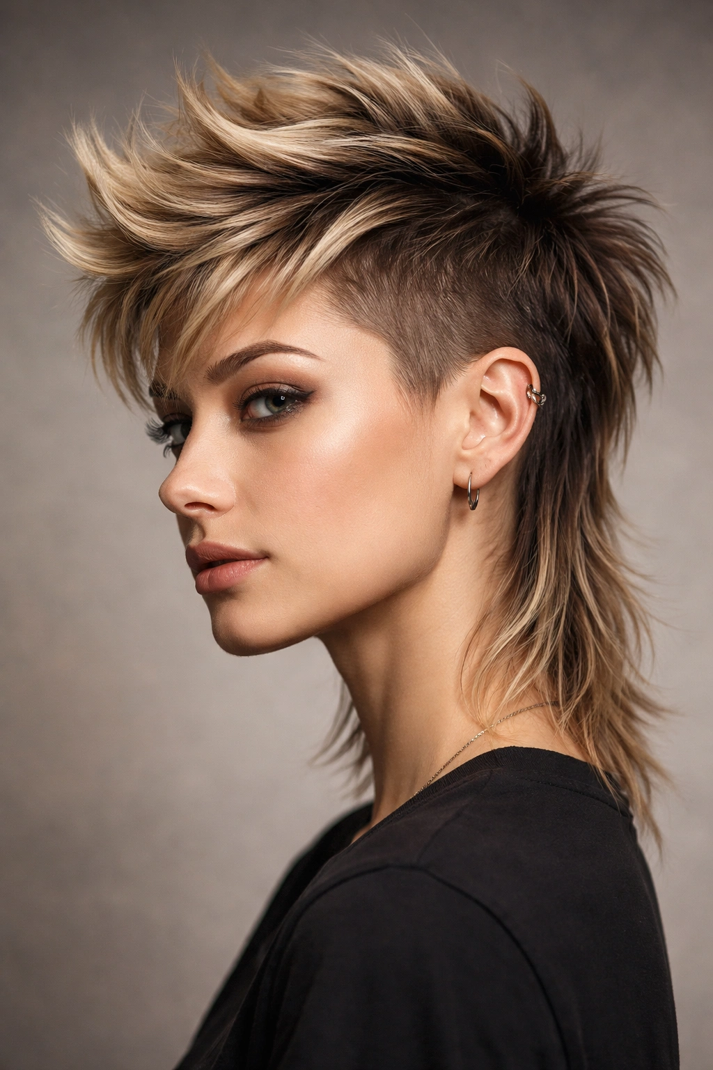 Faux Hawk Mixie hairstyle with high crown and short sides.