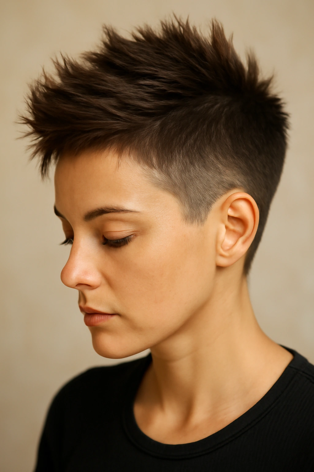 Close-up of a faux hawk pixie with a long center strip and very short sides.