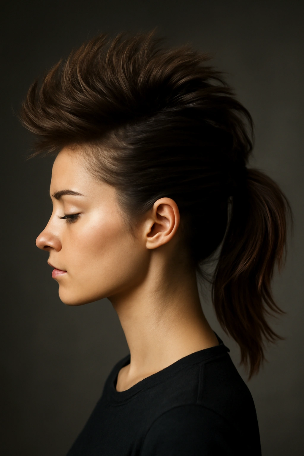 Voluminous crown faux hawk formed into a ponytail on short hair