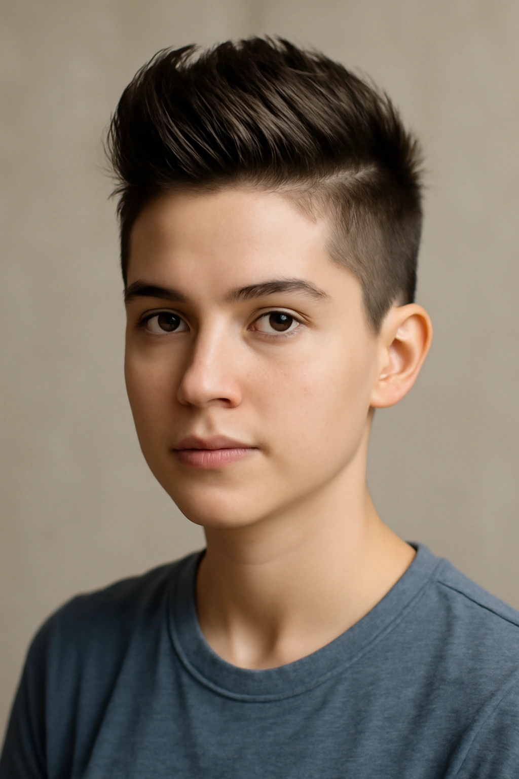 Portrait of short hair with a center slicked faux hawk and smooth sides.