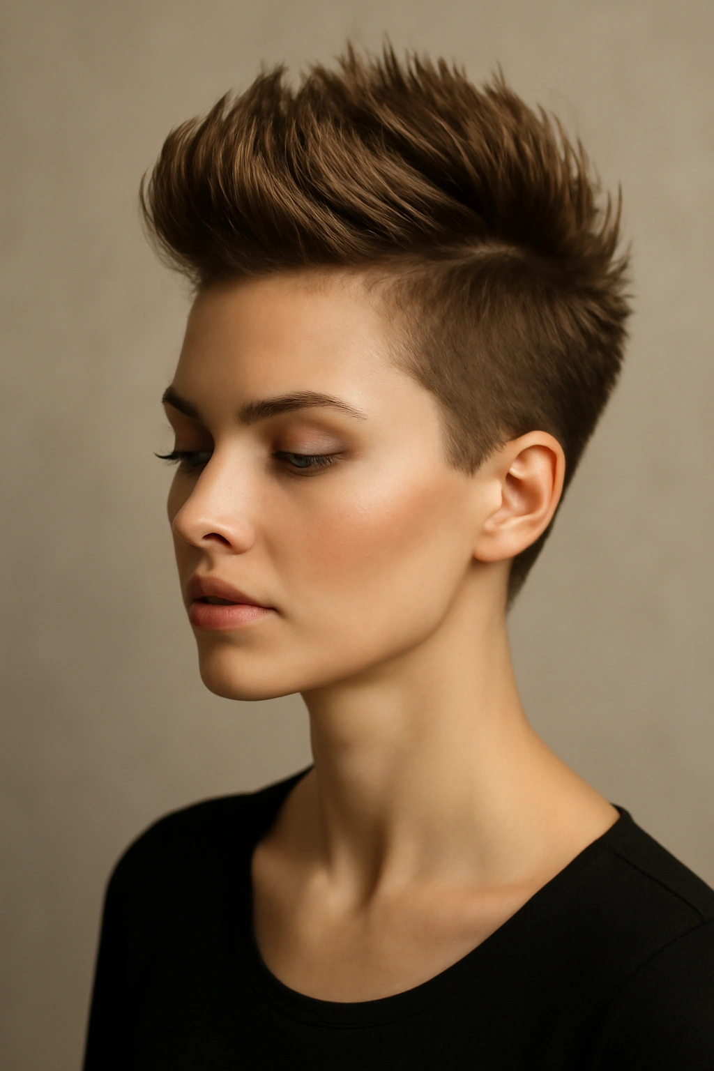 Close-up of a short hairstyle styled into a faux hawk
