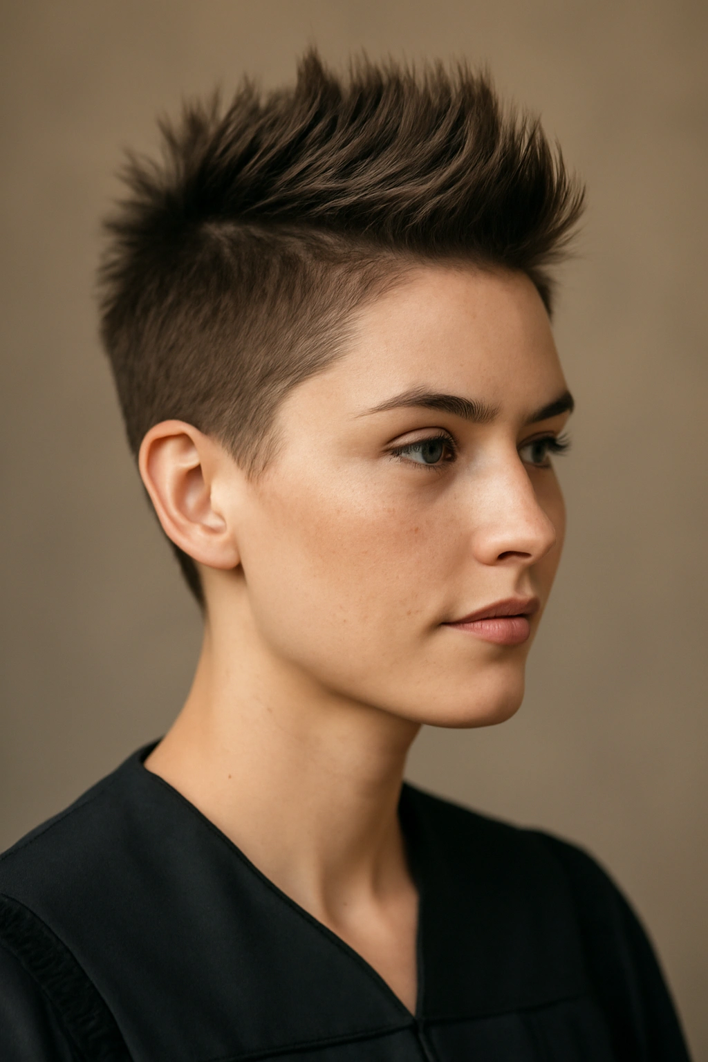 Close-up of short hair with a subtle spiky faux hawk and smooth sides in a studio