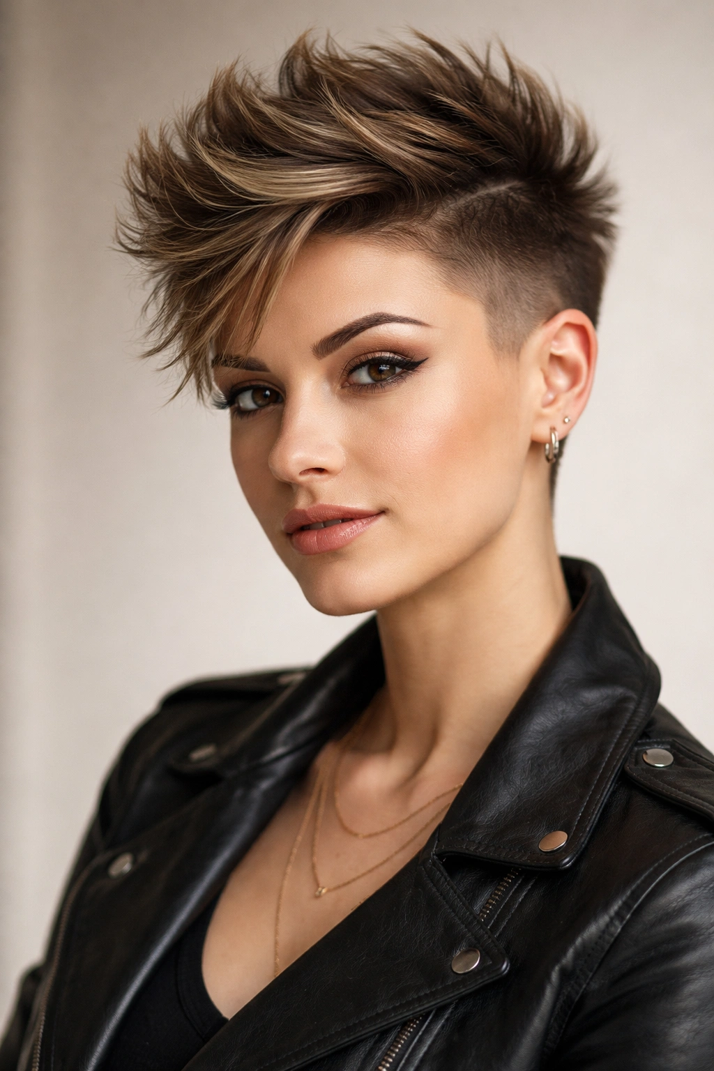 Portrait of a woman with a faux hawk and soft fade.