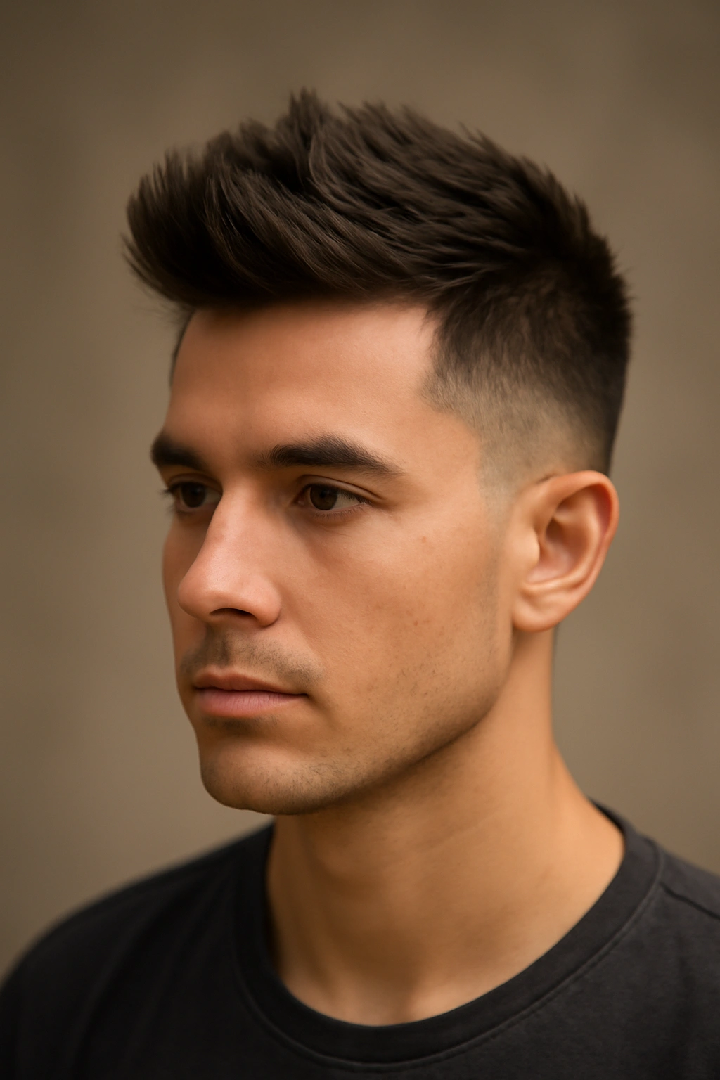 Faux hawk with tapered sides hairstyle showing lifted crown and tapered fade