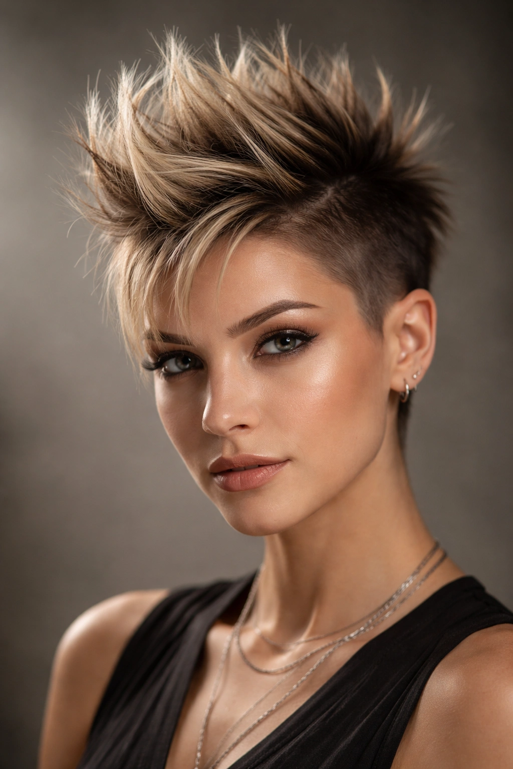 Frontal view of edgy faux hawk with central textured strip