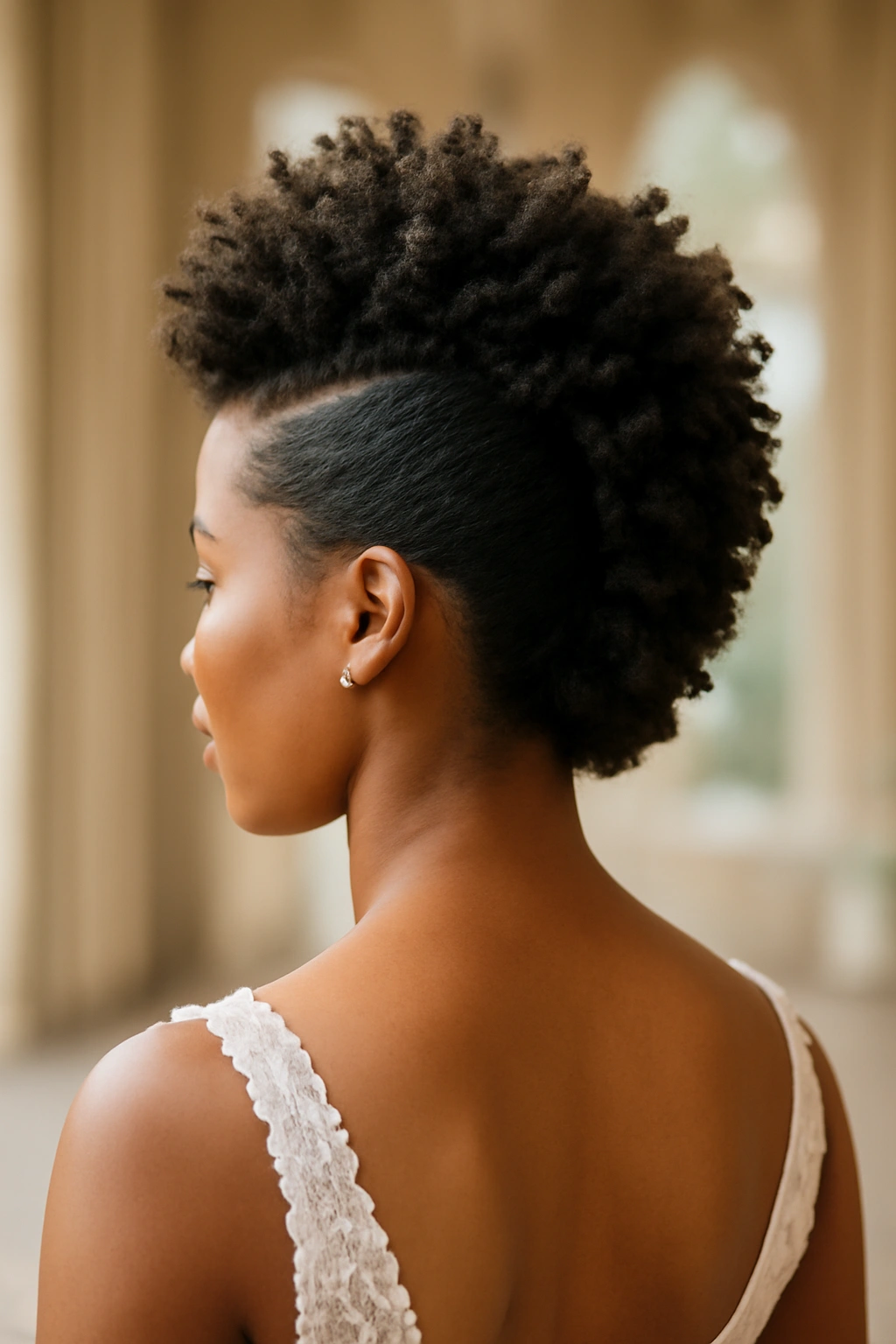Close-up profile of a bridal faux-hawk updo with textured center and sleek side sections.