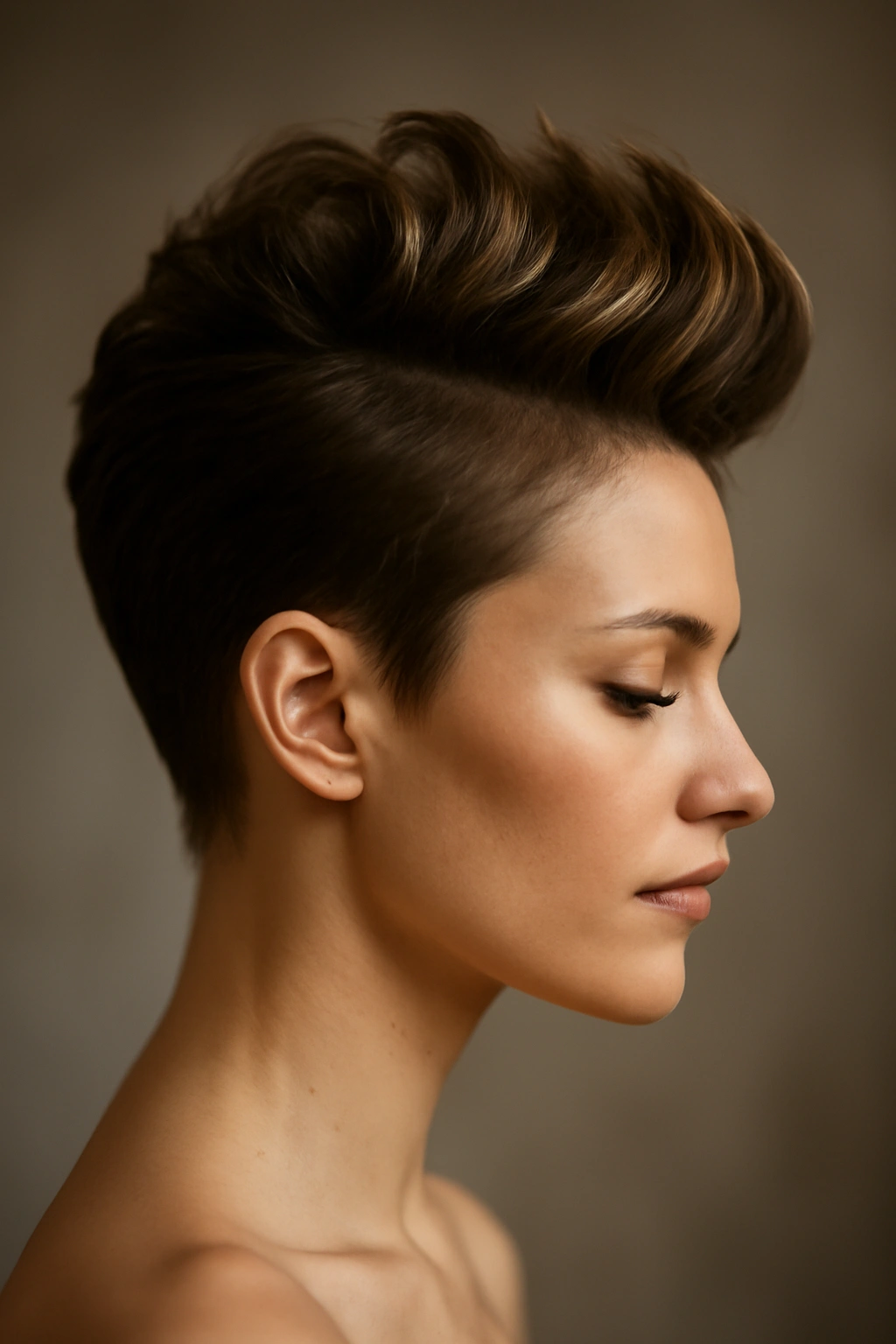 Faux hawk updo with height at crown and neat sides