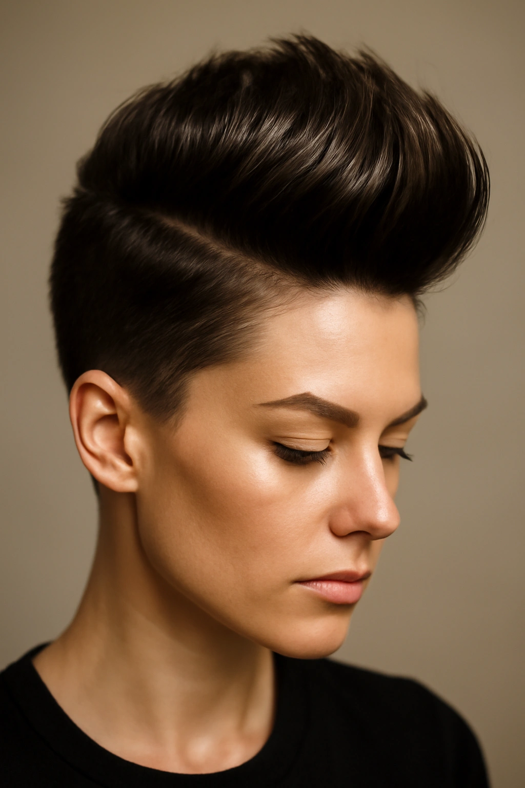 Bold faux hawk on short hair with high top and sleek sides