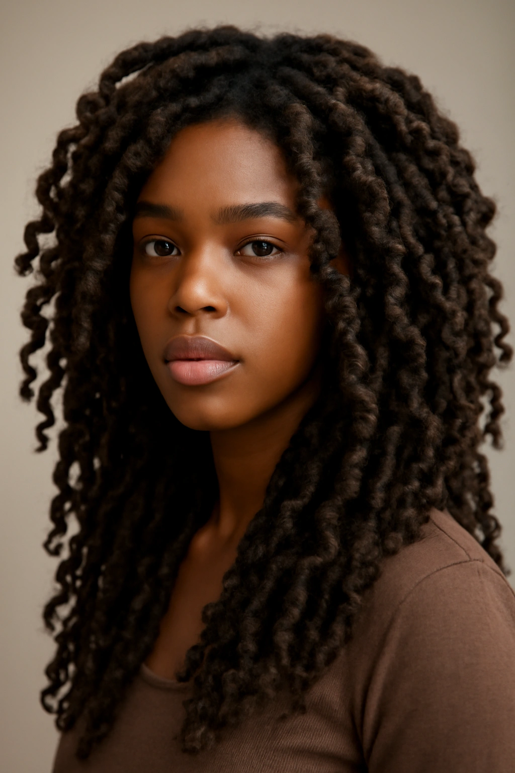 Head with curly faux locs featuring spiraling curls
