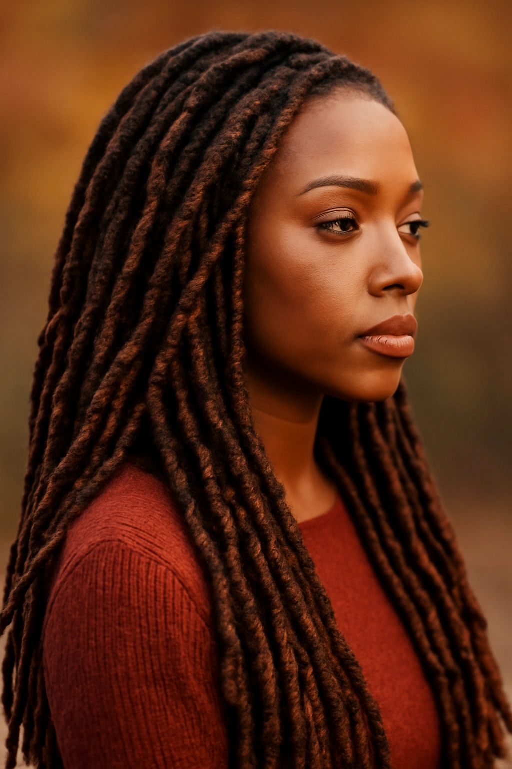 Faux locs in deep tones with caramel accents