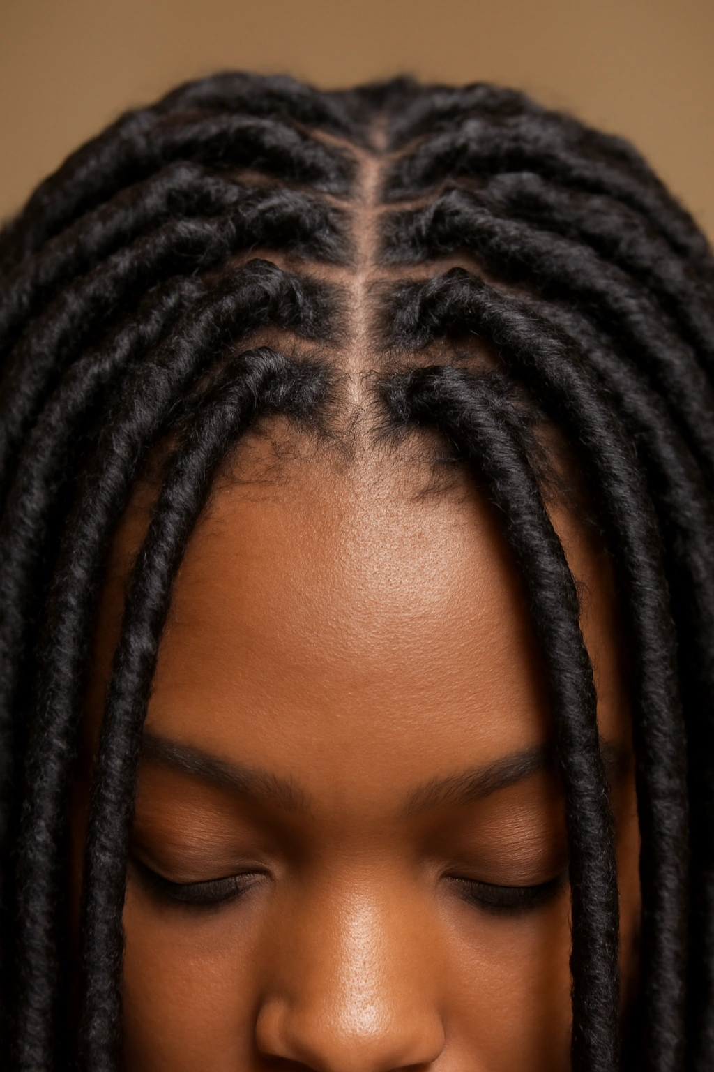 Close-up of faux locs with extensions showing realistic texture