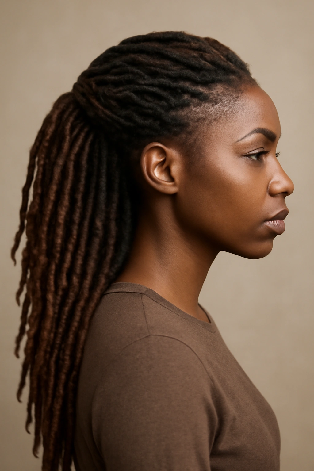 Profile view of pushback with long faux locs pushed back from the face