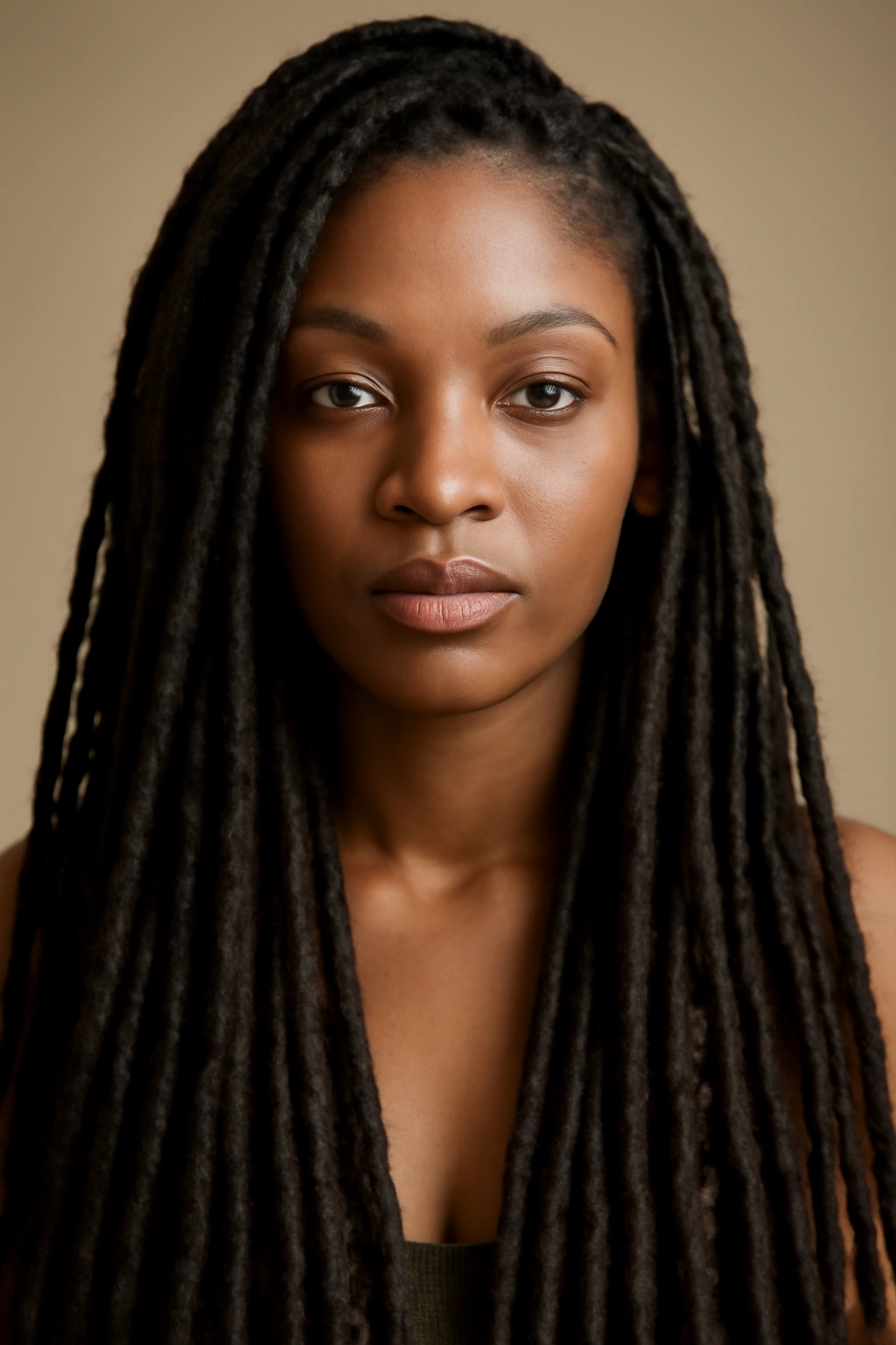 Close-up of faux locs with wrapped extensions