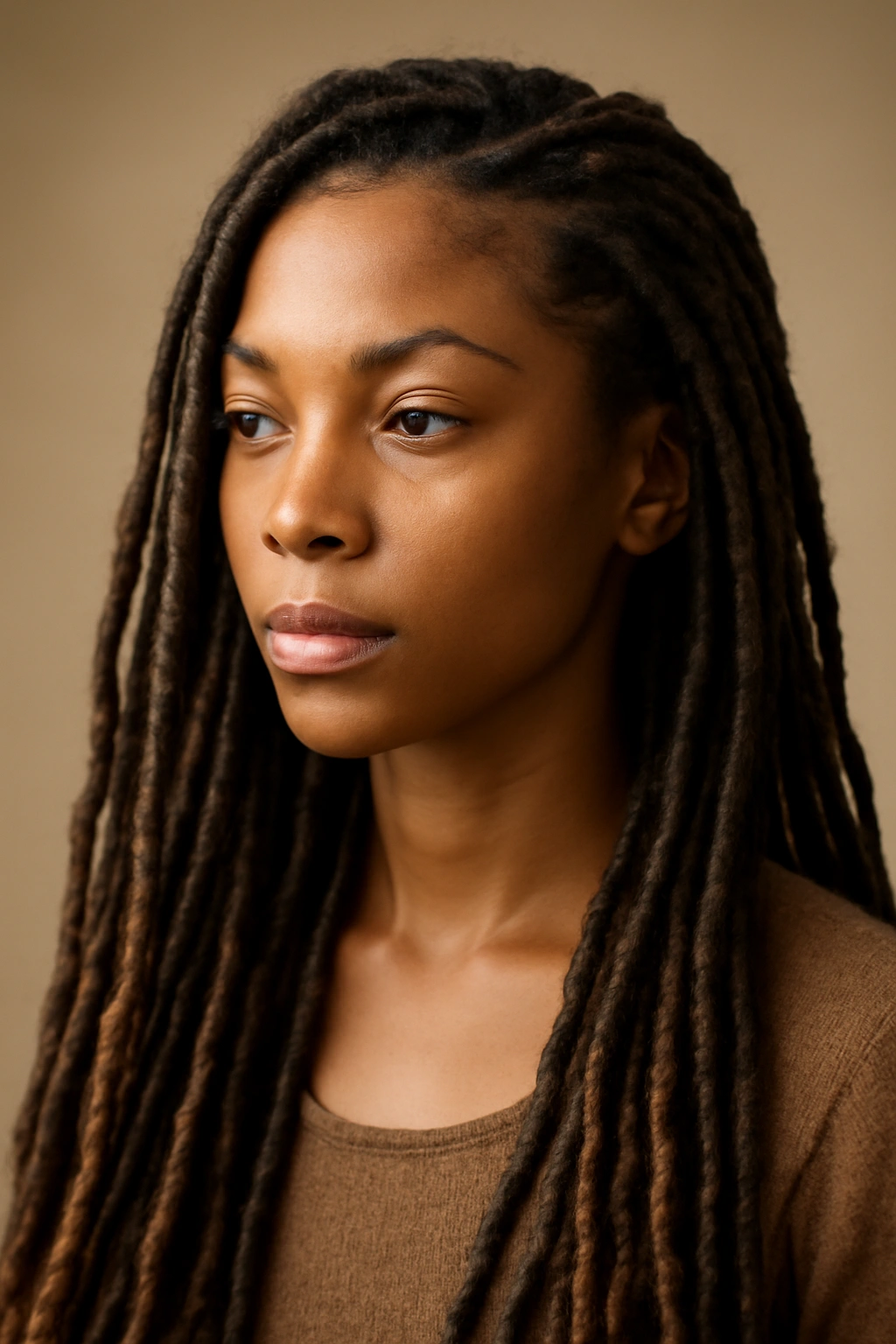 Profile close-up of a person with varied faux locs, soft studio lighting