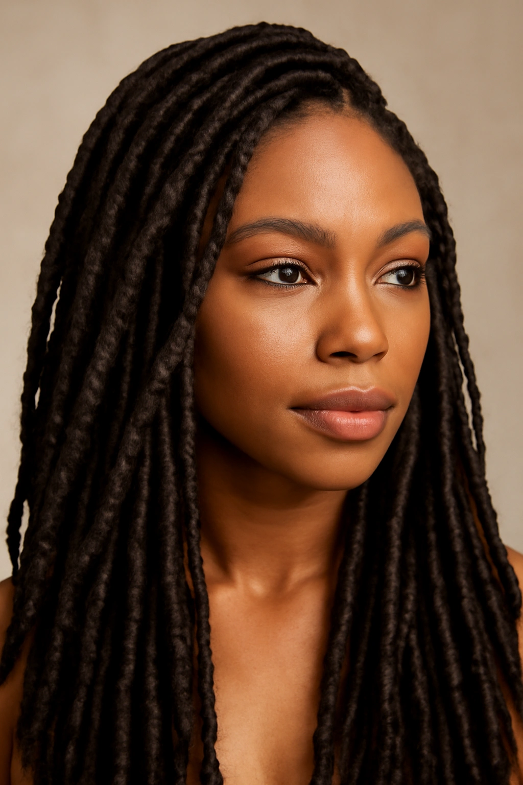 Close-up portrait of knotless faux locs with thick wrapped texture