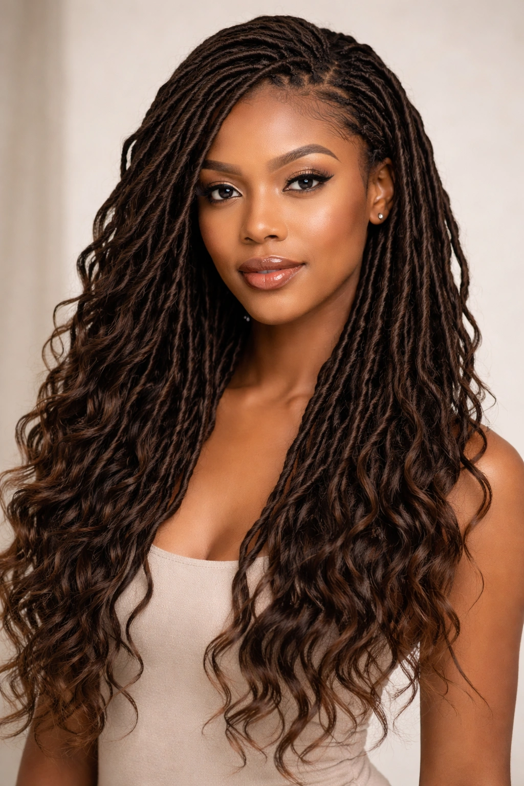 Close-up of faux locs with loose, wavy texture