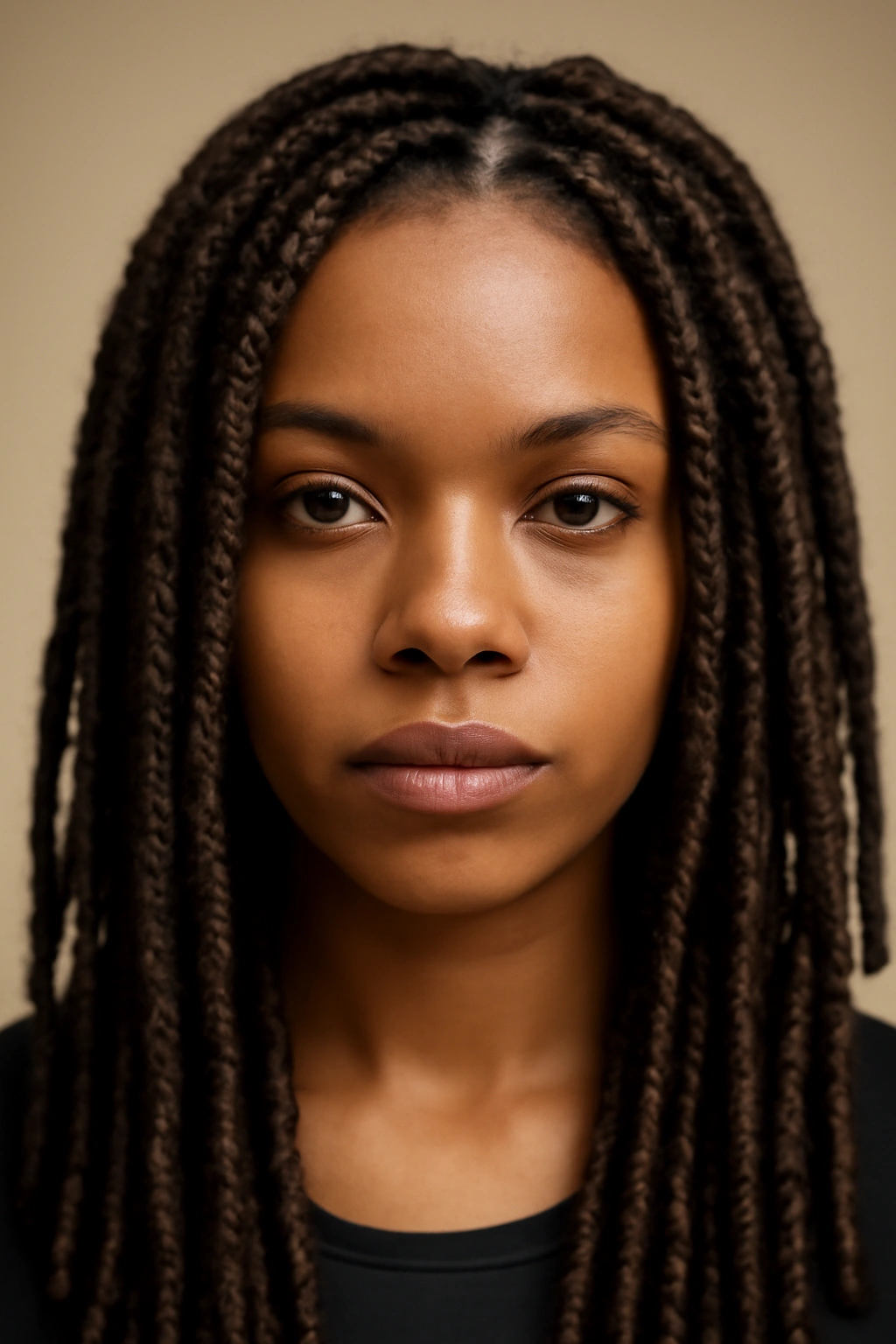 Faux locs look achieved with micro braid wrapping on head.