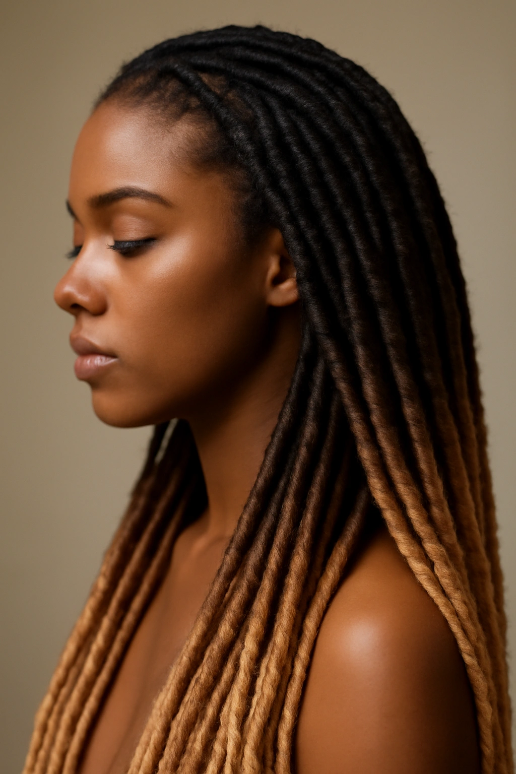 Head with ombré faux locs displaying gradient from roots to tips