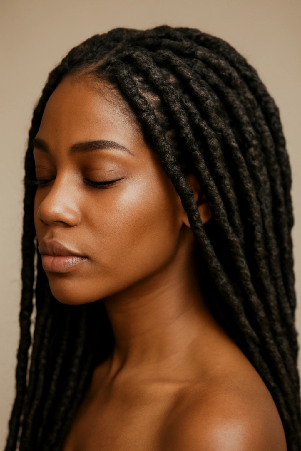Close-up of head wearing faux locs with textured coil-like strands