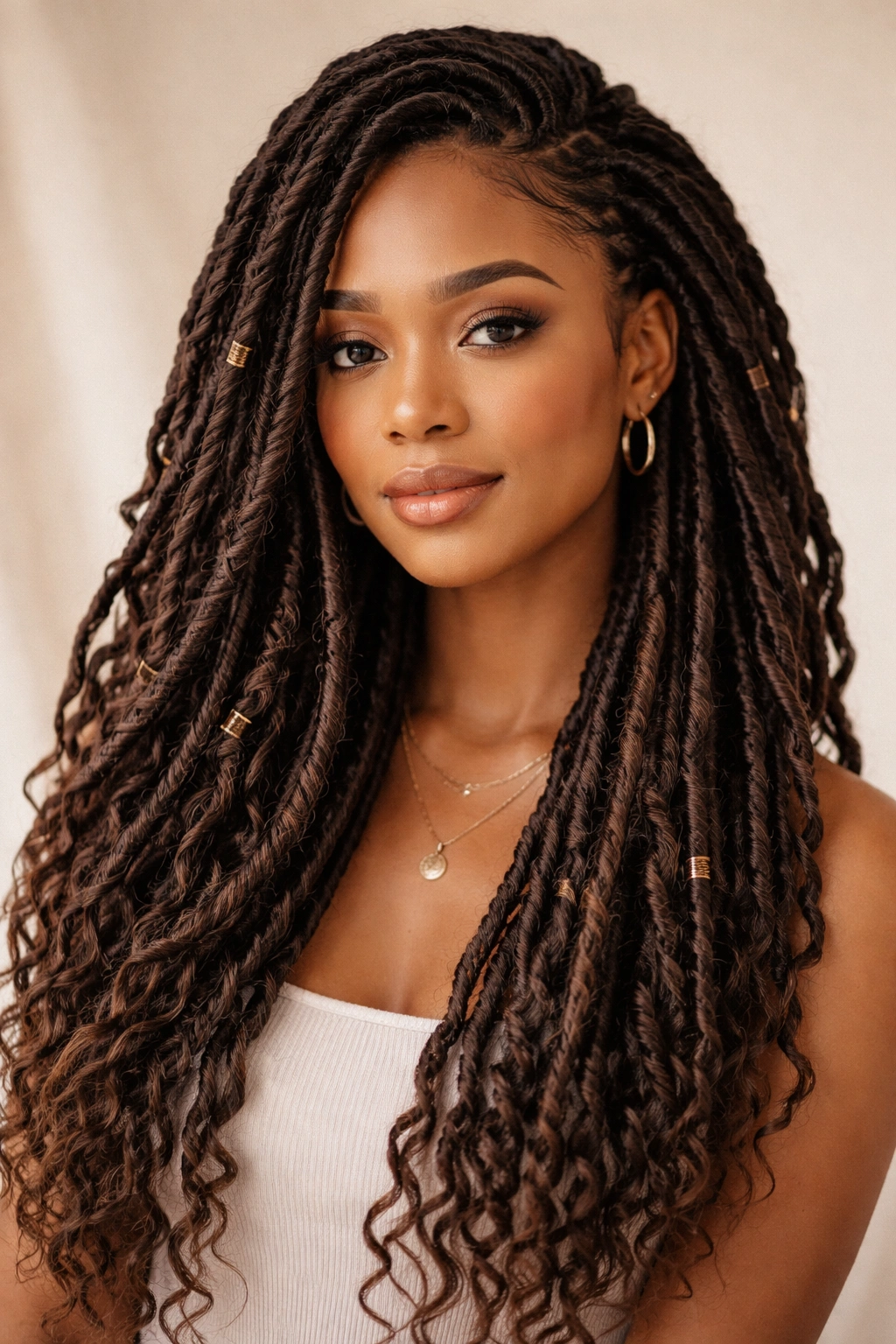 Person wearing faux locs with wrapped extension hair