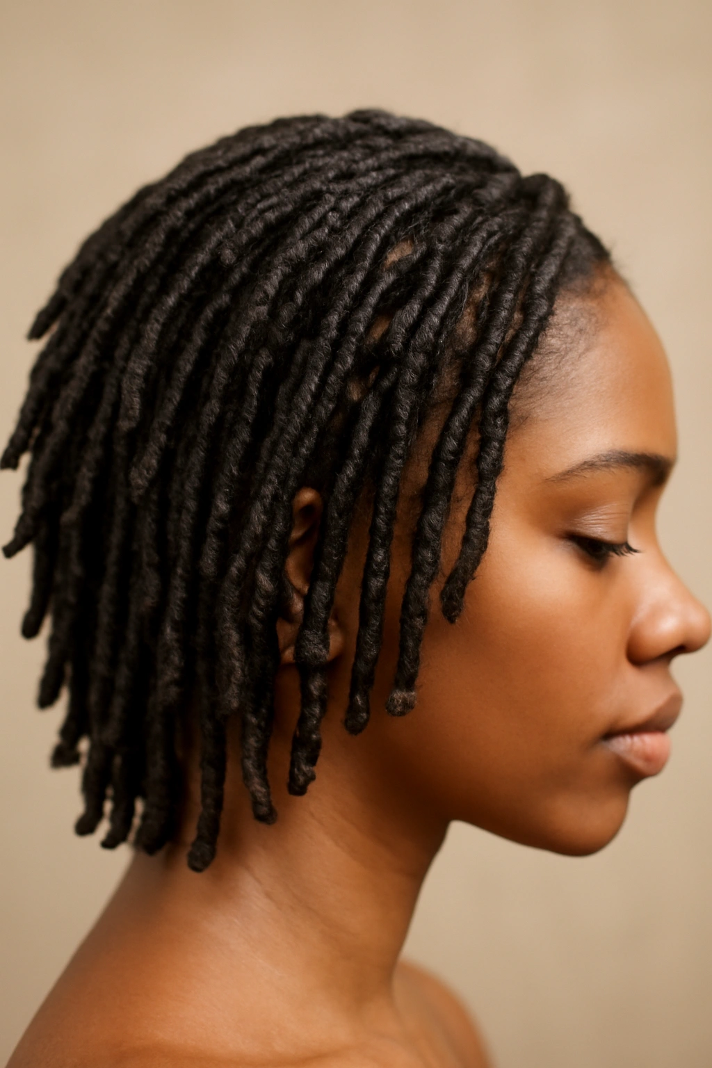 Close-up of short faux locs with wrapped texture under studio lighting.