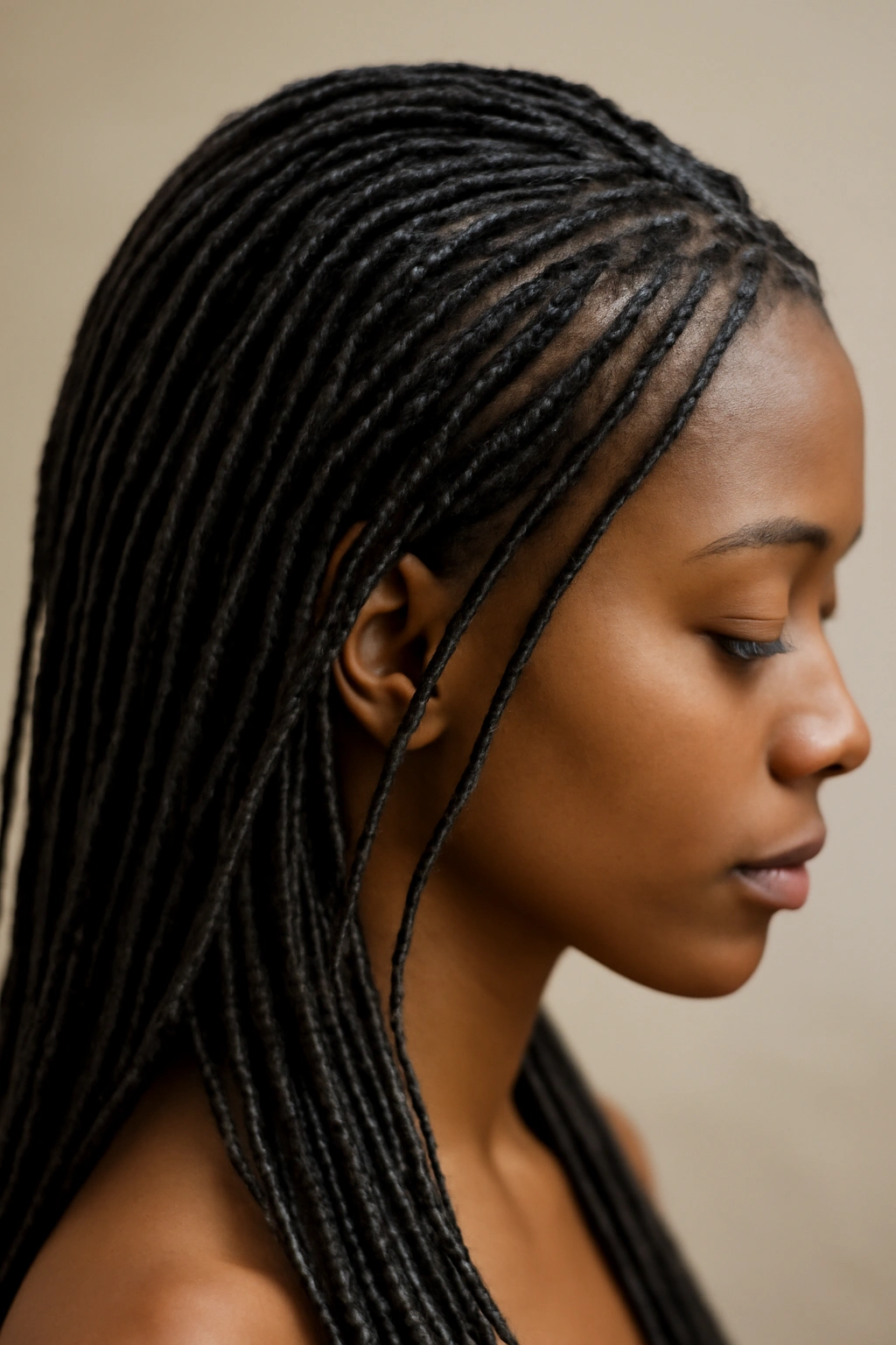 Close-up of head with thin, delicate faux locs