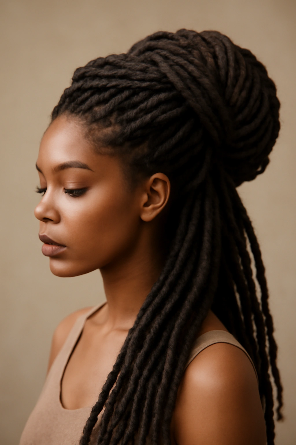 Wrap-Around Faux Locs updo with wrapped locs and flowing sections