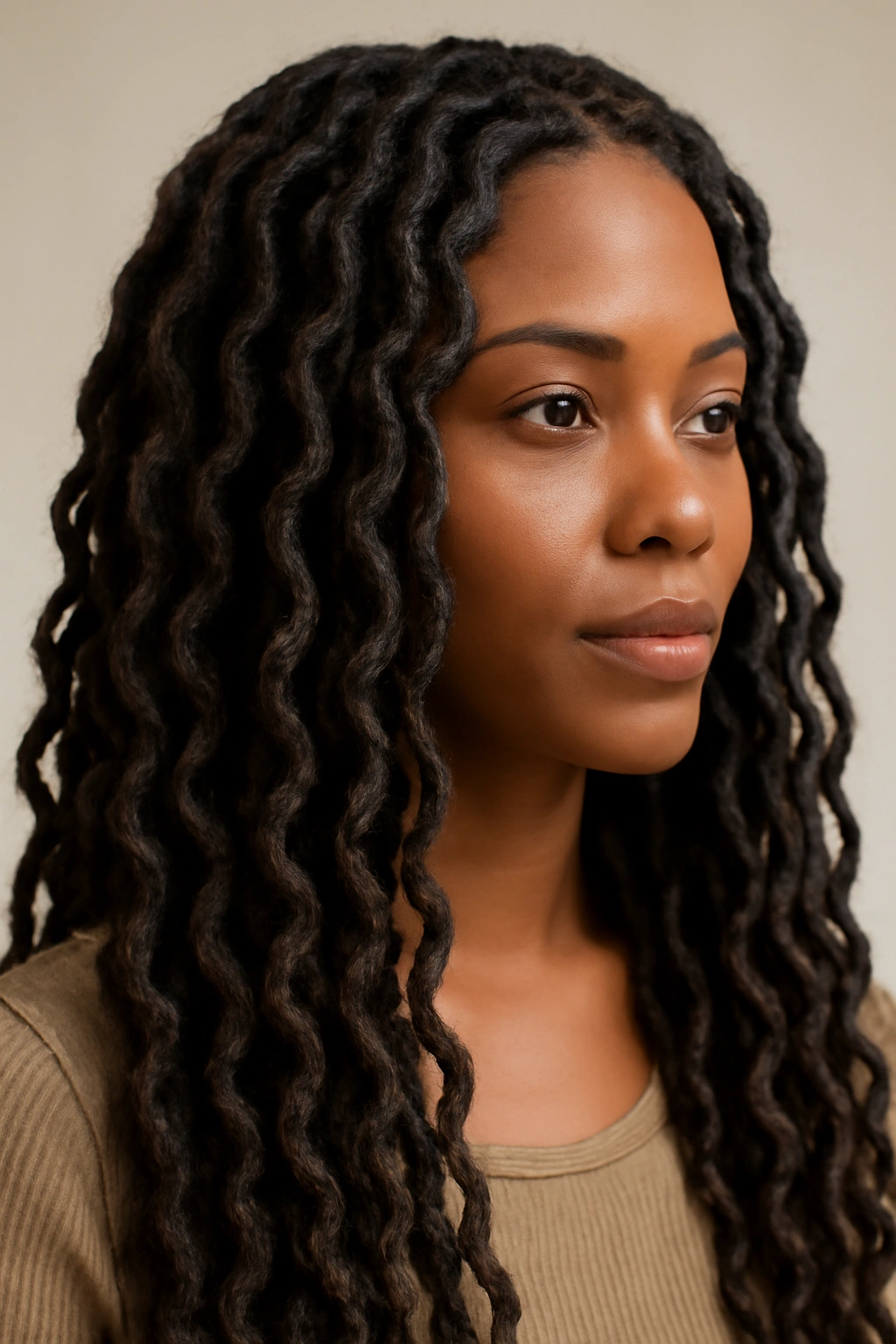 Headshot of wavy faux locs with textured wave patterns