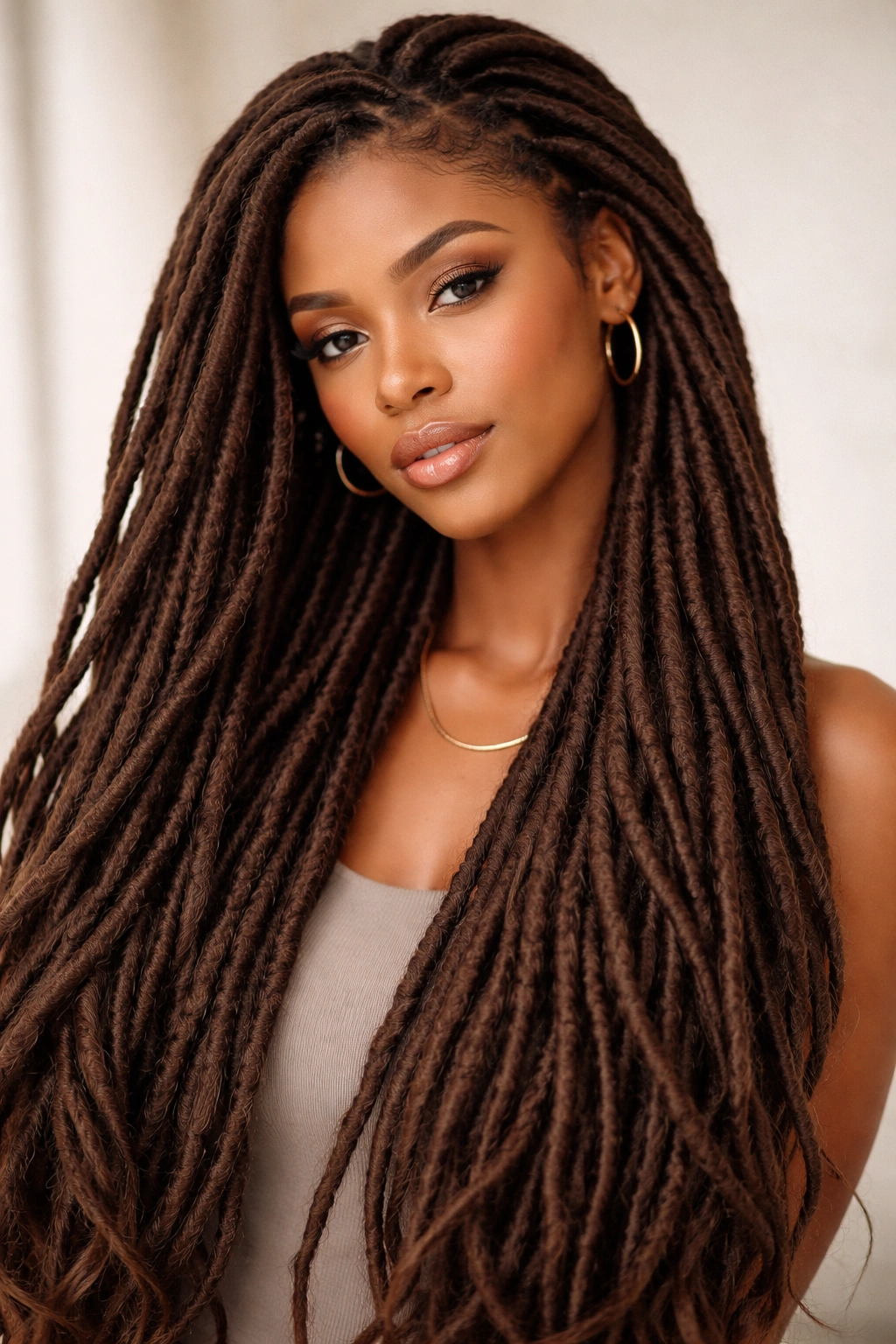 Close-up of long, thick faux locs wrapped with yarn