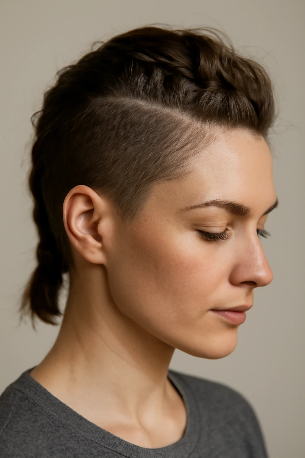 Subtle faux hawk braid along crown with soft studio lighting