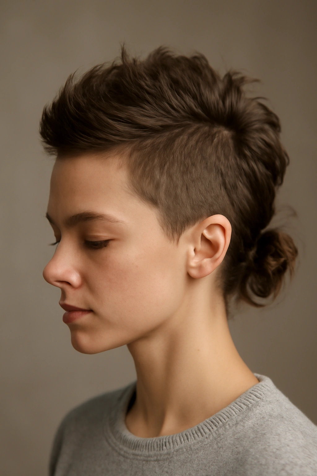 Front view showing a narrow elevated center strip and textured bun at the nape