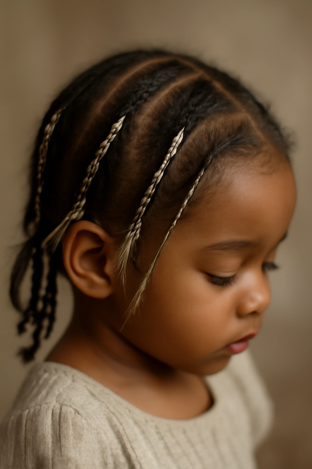 Toddler hair with thin feather braids woven with ribbons.